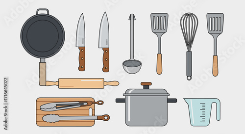 Collection of kitchen utensils and cookware for food preparation on white background