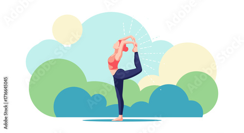 Woman practicing yoga in a peaceful outdoor setting performing a graceful dancer pose