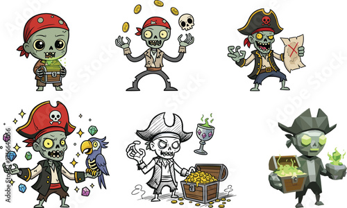 Cartoon zombie pirates with treasure, maps, glowing effects, and sketch styles for Halloween, fantasy games, comics, merchandise, and storytelling scenes