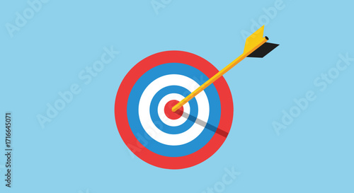 Arrow hitting the bullseye on a target representing success and precision isolated on a light blue background