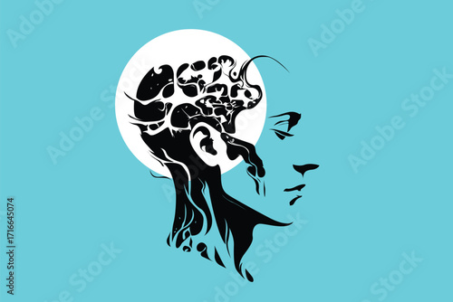 Abstract human head with brain illustration – surreal AI and psychology concept art