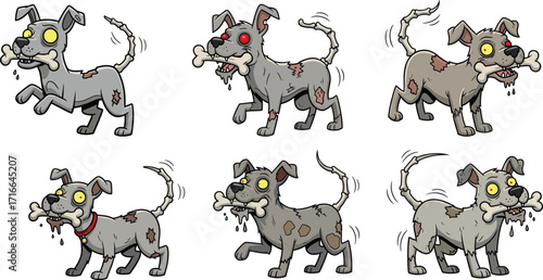 Creepy zombie dog cartoon carrying bone in mouth, spooky undead pet animal horror vector illustration for Halloween comic design