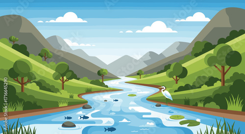 Serene Mountain Valley Landscape with Winding River and Wildlife
