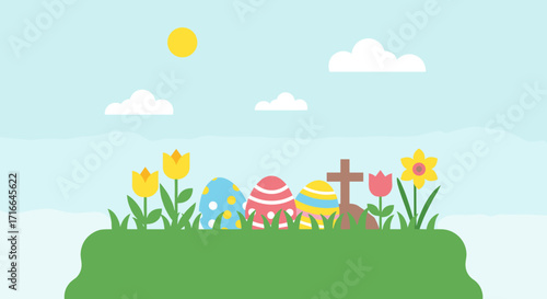Cartoon Easter Eggs and Flowers with Wooden Cross on Green Hill under Sunny Sky