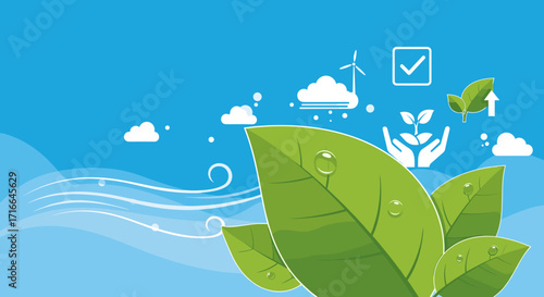 Green leaves growing in hands with wind and clouds symbolizing environmental protection and sustainability concept