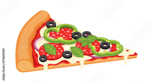 Delicious slice of pepperoni pizza with olives green peppers and onions isolated on white background
