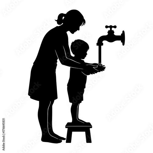 Mother teaching child handwashing silhouette washing hands