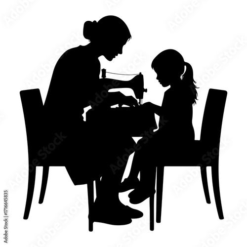 Mother teaching daughter sewing on machine silhouette