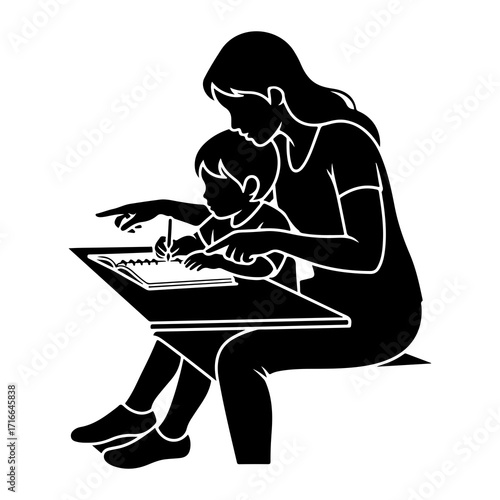 Mother teaching child writing at desk vector