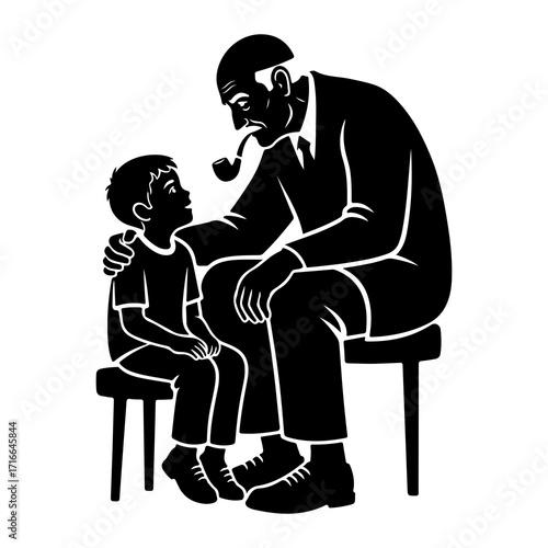 Old man talking to boy smoking pipe sitting