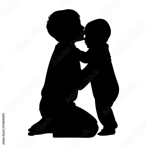 Older sibling kissing younger sibling silhouette embrace
