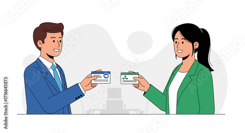 Business partners exchanging identification cards showing professional connection and networking concept isolated on white background