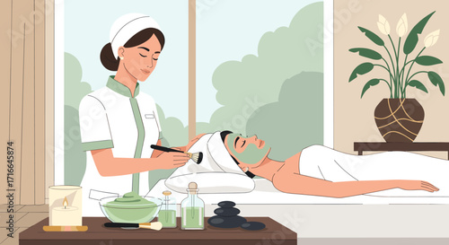 Skilled Esthetician Applying Soothing Green Face Mask During Relaxing Spa Treatment