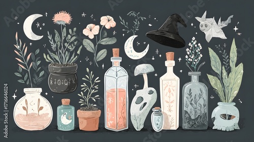 Flat cute illustration of witch’s potion bottles and magic sparkles on dark mauve 
