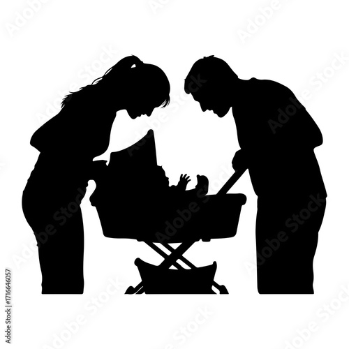 Parents admire baby in stroller family silhouette