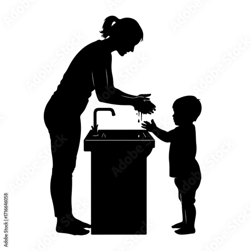 Parent teaching child handwashing at sink silhouette