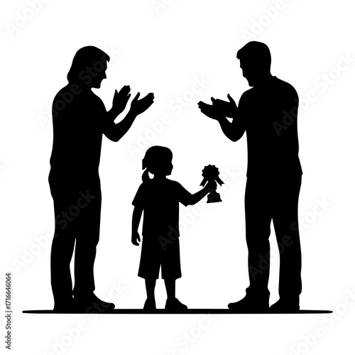 People clapping for child holding trophy silhouette