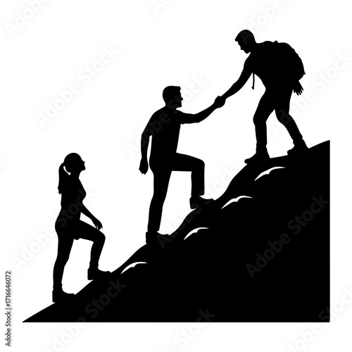 People climbing mountain helping each other silhouette