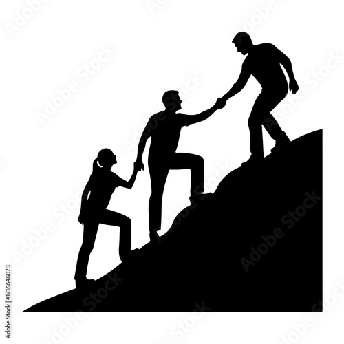 People climbing mountain helping each other silhouette