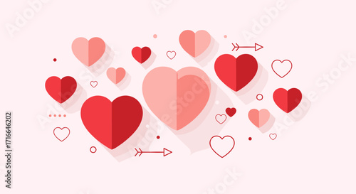 Group of Red and Pink Paper Hearts Isolated on White Background with Arrows and Dots symbolizing Love and Valentines Day