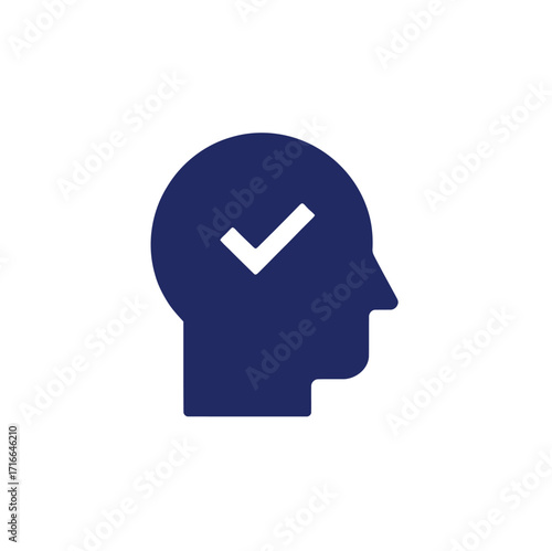 mental clarity icon with human head silhouette and checkmark on white background for cognitive wellness, decision-making, and personal growth 