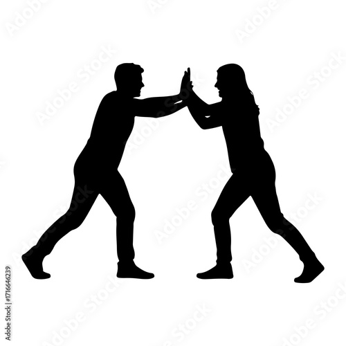 People pushing against each other silhouette interaction