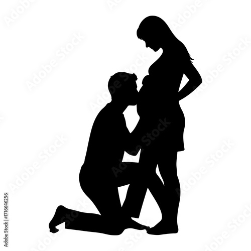 Pregnant woman and man kissing belly silhouette
