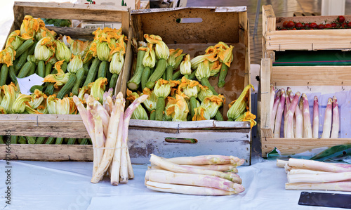 Market stall with fresh vegetables and fruit in Saint Tropez, Cote d'azur, France, French Riviera