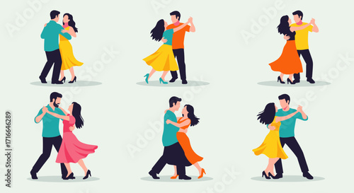 Couples Dancing Together Romantic Ballroom Dance Style Cartoon Illustration Isolated on White Background