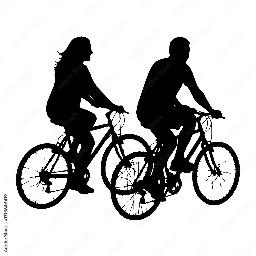 Naklejka premium Silhouetted couple cycling together bicycles outdoor activity