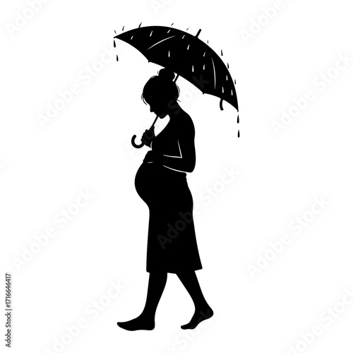 Pregnant woman walking under rainy umbrella silhouette