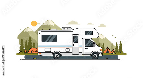 Recreational vehicle traveling on a road with mountains and tents illustration