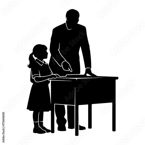 Teacher guiding student at desk girl