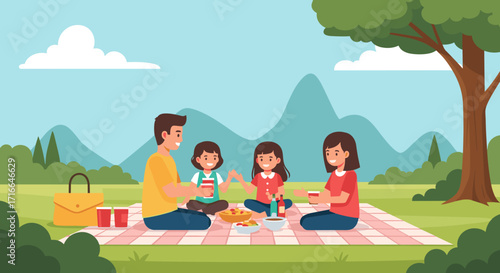 Happy Family Having A Picnic Together In A Park