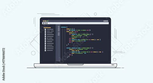 Modern Laptop Displaying Complex Code Snippets and Programming Interface With Abstract Geometric Elements Background