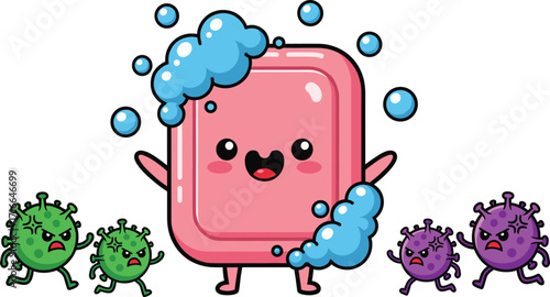 Cartoon soap character with bubbles repelling germs, cheerful hygiene illustration promoting handwashing and cleanliness for kids' education