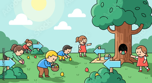 Children enthusiastically participate in an outdoor Easter egg hunt on a sunny spring day