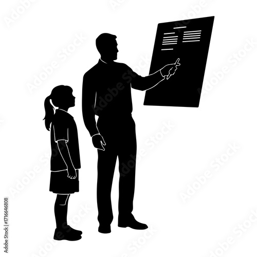 Teacher instructing young student at board instruction