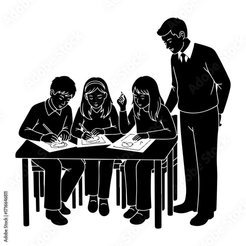 Teacher instructs students at desks classroom drawing