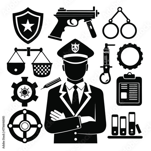 Police and Security Icons Set – Law Enforcement Officer Silhouette, Badge, Gun, Handcuffs, and Safety Symbols Vector Illustrationk