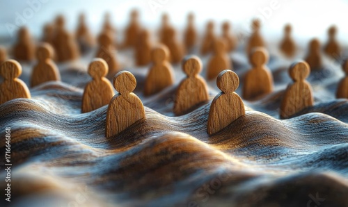 Wooden figures resembling people on a wavy surface
