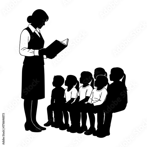 Teacher reading to attentive children book classroom