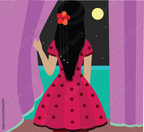 Moonlit Reverie, girl gazing at a magical full moon through a room window