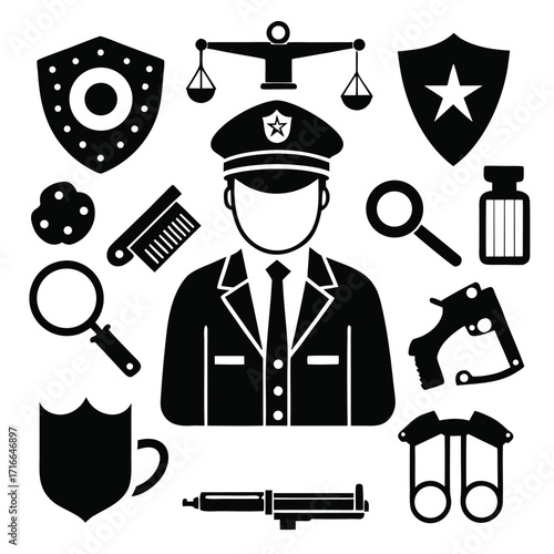 Police and Security Icons Set – Law Enforcement Officer Silhouette, Badge, Gun, Handcuffs, and Safety Symbols Vector Illustrationk