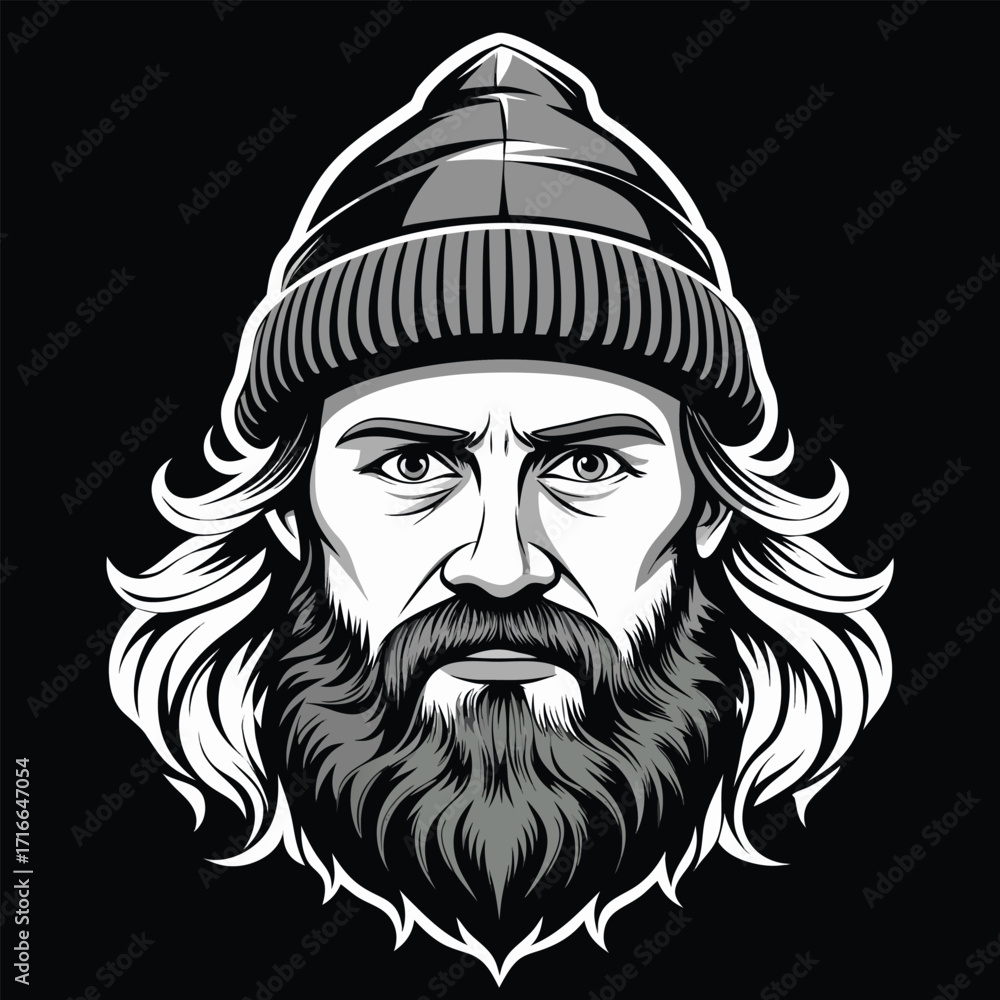 Obraz premium Bearded Man in Winter Hat Vector Illustration – Rugged Lumberjack Style Portrait