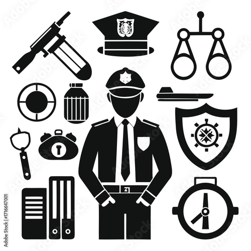 Police and Security Icons Set – Law Enforcement Officer Silhouette, Badge, Gun, Handcuffs, and Safety Symbols Vector Illustrationk