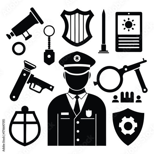 Police and Security Icons Set – Law Enforcement Officer Silhouette, Badge, Gun, Handcuffs, and Safety Symbols Vector Illustrationk