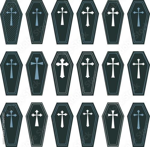 Vector art of collection of coffins with crosses, a spooky and symbolic pattern for halloween or gothic themes, evoking death and remembrance