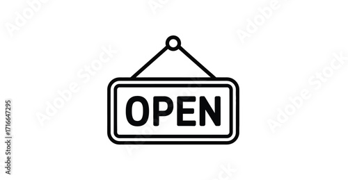  open sign icon with bold uppercase text hanging from hook on white background for business, retail, and commercial availability themes