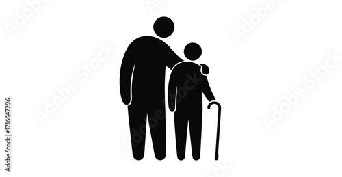  intergenerational support silhouette with younger figure assisting elderly person with cane on white background for caregiving and compassion themes